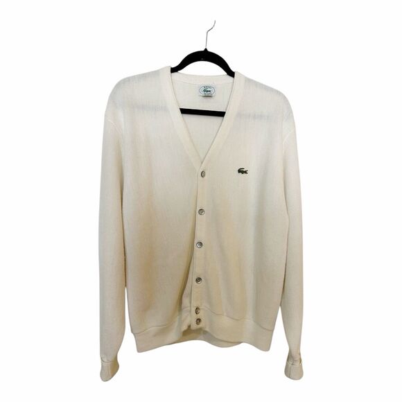 VTG Izod Lacoste 100% Orlon Acrylic Ivory Roll Cuff Cardigan Sweater - Large - Picture 1 of 8